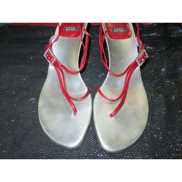 Stuart Weitzman Red Patent Italian Leather Slingback Crystal Embellished Sandals - Picture 2 of 9